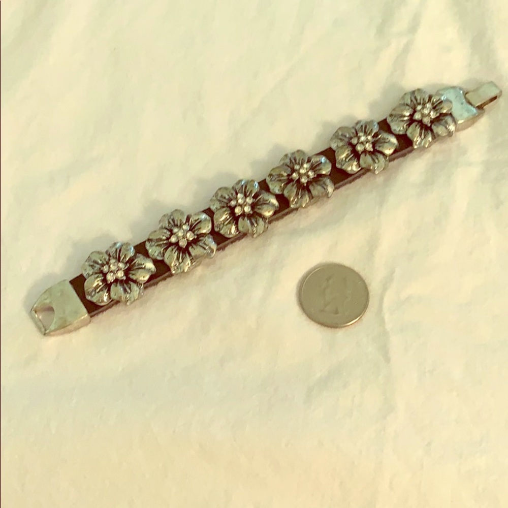 Heavy Leather Floral Rhinestone Encrusted Bracelet